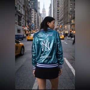 Anthropologie NWT The Wild Collective NY Yankees Sequin Bomber Jacket size XL.
